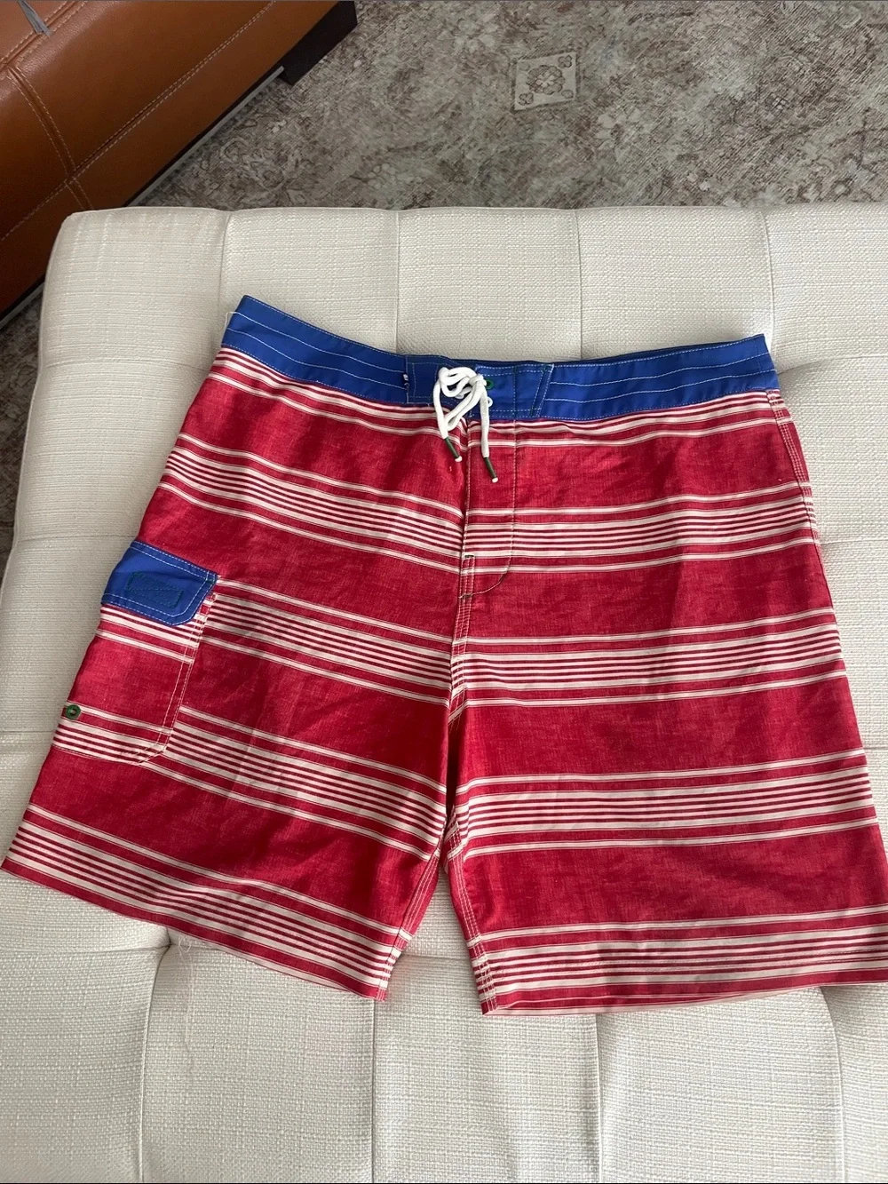 Sperry Red Striped Swim Board Shorts with Blue Waistband